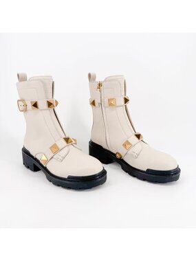 Valentino Garavani Roman Stud Combat Boots Size 37.5 US 7.5 White Leather Ankle